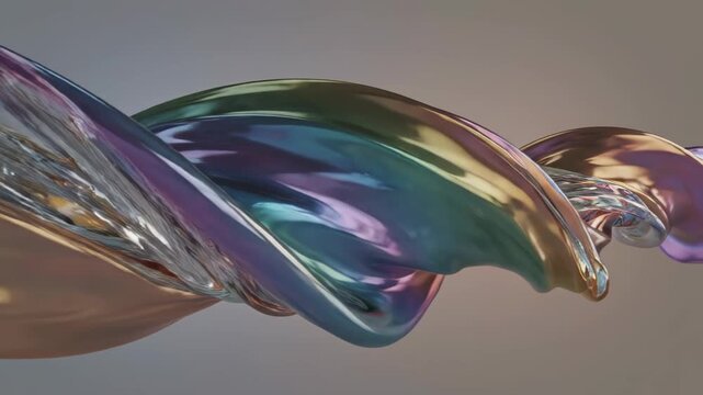 Gleaming, twisting metallic and iridescent ribbons with liquid-like forms