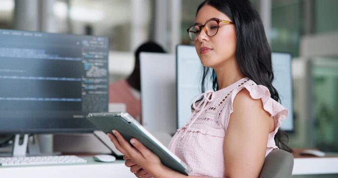 Woman, software developer or thinking with tablet in office for data monetization or version control. Female person, coder or research with vision or technology for system development in workplace