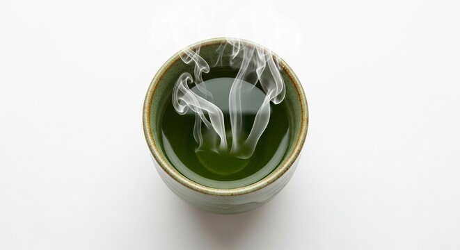 Steaming green liquid in ceramic cup centered on a white surface captured in a topdown view