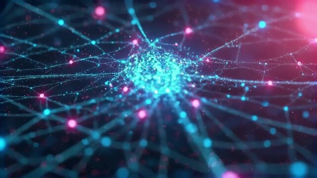 Abstract digital network connection forming a centralized cluster. Futuristic technology background visualization of big data, artificial intelligence (AI), machine learning, or brain synapses.