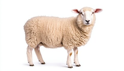 Obraz premium Fluffy Sheep Standing on White Background Farm Animal in Studio Lighting Detailed