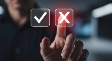 Decision Point Tick or Cross Finger hovers in the digital age.