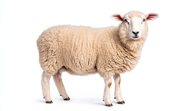 Fluffy Sheep Standing on White Background Farm Animal in Studio Lighting Detailed