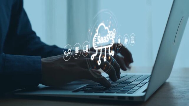 Visual representation of SaaS showing infrastructure, SaaS deployment, SaaS platform features, and SaaS integration model in digital environment. Elide