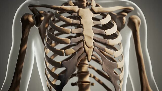 Rib Cage Bone Structure 3D Animation of Human Torso and Bones with Detailed Anatomy Medical Visualization on a Grey