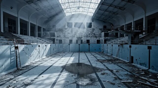 A decrepit indoor swimming pool shows signs of decay with peeling paint, a damaged roof, and a gloomy aesthetic
