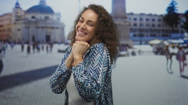 Woman smiling with hands clasped under chin in front of a building at st peter's square in the vatican outdoors; travel joy.