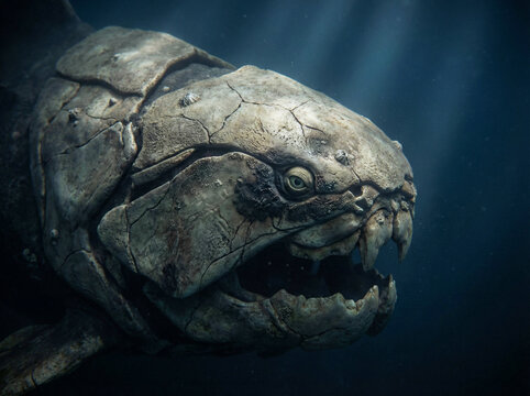 Dunkleosteus Prehistoric Armored Fish Monster, Deep Sea Predator, Dark Cinematic Underwater Fantasy Concept Art