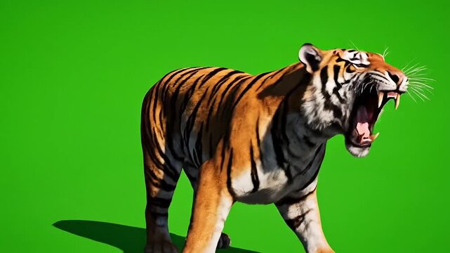 Majestic tiger walking on green screen with confident stride in the jungle 