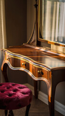 Elegant wooden vanity table with mirror and red cushioned stool.