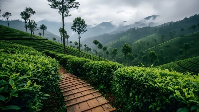 Scenic Wooden Path Through Lush Green Tea Plantations in Munnar Kerala with Misty Mountains and Cloudy Sky Background During Monsoon Season