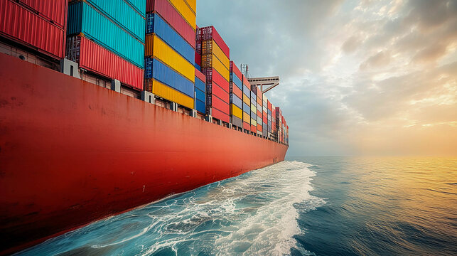 A large container ship loaded with colorful cargo containers sailing at sunset, a concept of global transportation, maritime shipping, and international trade logistics.