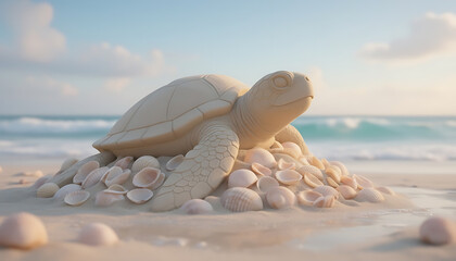 Detailed sand turtle sculpture surrounded by seashells on sunny beach with ocean waves in background