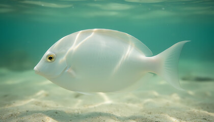 Beautiful white fish gliding through sunlit clear water over a sandy ocean floor