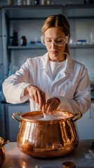 A woman in a lab coat stirring a copper pot in a laboratory.