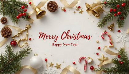 Merry Christmas and Happy New Year greeting card design with gold bells pine branches and ornaments on white background