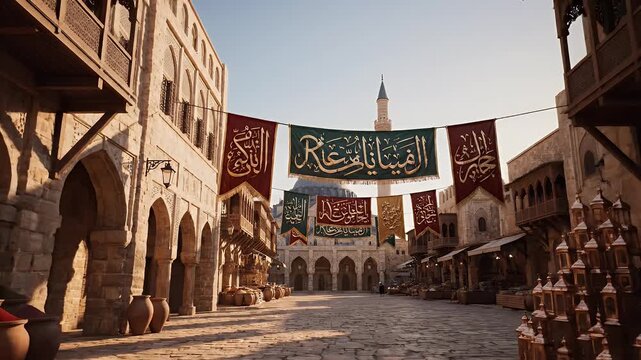 A vibrant Middle Eastern street scene with colorful banners displaying Arabic script. Stone buildings and arches