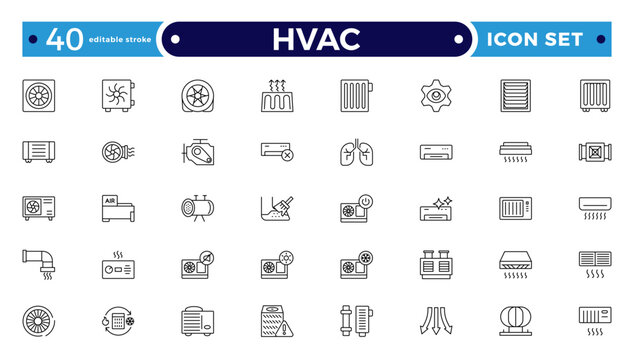 HVAC outline icon set .Ventilation equipment line icons. Air conditioning, cooling appliances, exhaust fan. Household and industrial ventilator thin linear signs. Editable stroke outline icon.
