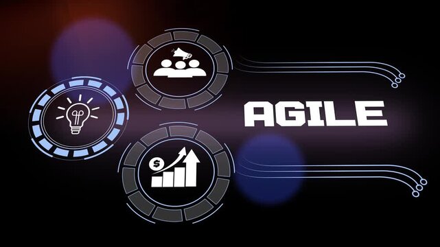 Agile methodology concept with glowing icons of light bulb for idea and group of people for teamwork and financial growth graph