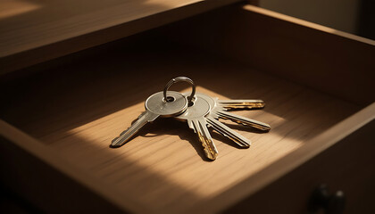 Close up of metal keys on wooden drawer with soft light, home organization concept