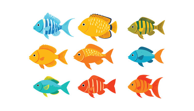 Set of cute variant different fish at the ocean sea cartoon
