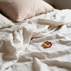 Soft white linen sheets cradling dried rose petal beside blush pillow under warm natural light