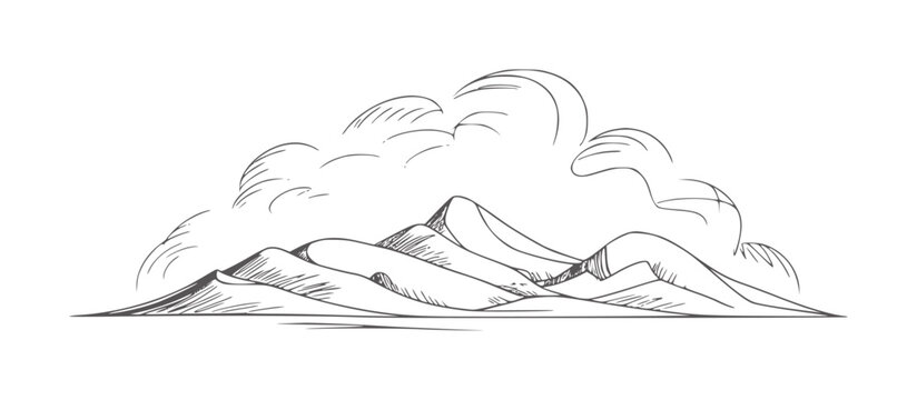 Minimalist pen and ink of rolling hills under dramatic clouds mountains