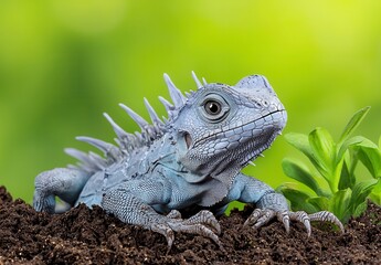 Obraz premium Light Blue Iguana on Dark Soil with Green Background