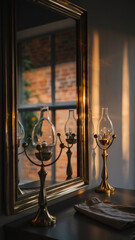 Decorative candle holders and a mirror on a wall with sunlight.