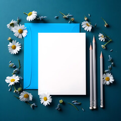 Bright blue envelope with white paper and daisies surrounded by pencils on teal background