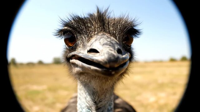 Curious Emu Head Close Up with Fisheye Lens in Sunny Field