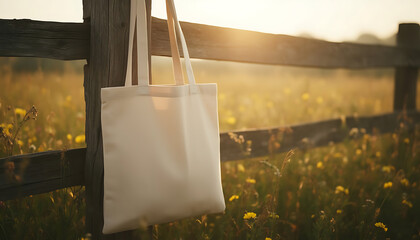 Eco-friendly tote bag hanging on rustic wooden fence against golden hour meadow with wildflowers