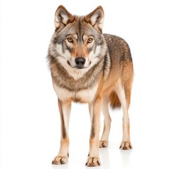 Fototapeta premium Majestic Light Brown Wolf Standing Upright with Amber Eyes on White Background