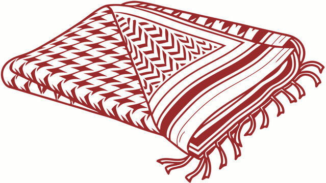 A folded red and white patterned shemagh scarf with tassels on a plain background