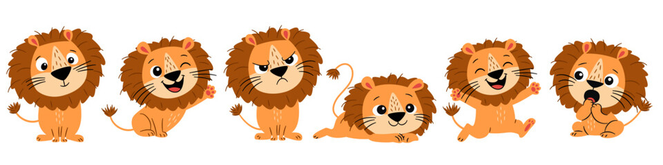 A set of flat vector illustrations in a simple, childish style. Cute lions in various poses and expressions. Vector illustration