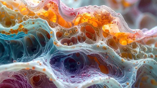 Abstract microscopic view of layered structures with vibrant colors and textures