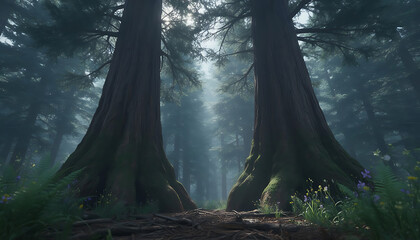 Tall ancient trees in misty forest with sunlight filtering through serene natural landscape
