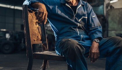 A person sitting on a worn wooden chair in an industrial setting.