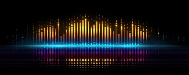 Vibrant audio equalizer bars in warm orange and cool blue shades reflect on a dark surface, creating a futuristic, dynamic sound visualization.