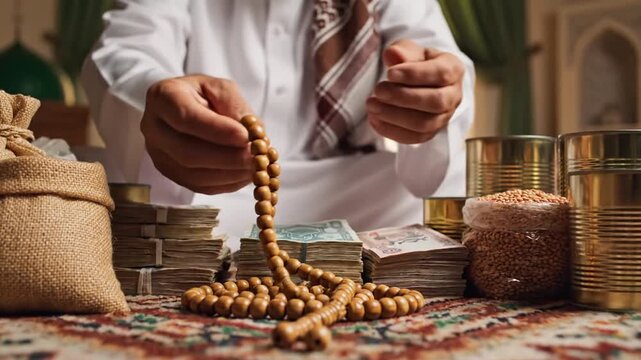 A man holds prayer beads near Zakat donation money and food supplies to represent charitable giving during the holy month of Ramadan.