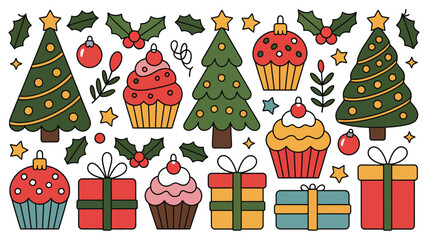 A colorful Christmas illustration featuring trees, cupcakes, and gifts on a white background