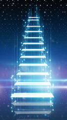 Futuristic glowing staircase ascending into a starry sky.