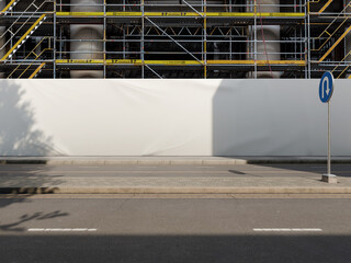 White Blank Hoarding Mockup on Urban Street with Construction Background 3D Rendering