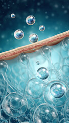 Close-up of molecules or cells with spherical structures and interconnected filaments.