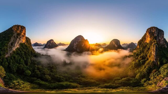 Stunning sunrise over misty mountain landscape with dynamic clouds, lush green jungle and tropical forest, breathtaking nature video