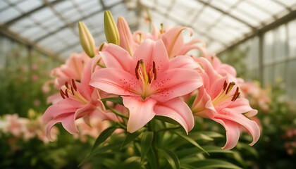 Close-up of pink lilies in greenhouse with soft natural light vibrant petals blooming beautifully