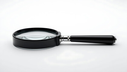 Black magnifying glass with polished handle and clear lens on white background ideal for closeup product shots and inspection themes
