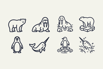 Cute Arctic Antarctic Marine Animals Outline Icons Set © Quivr
