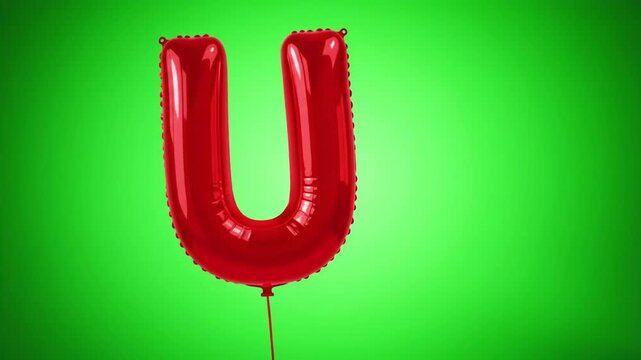 Red shiny balloon in the shape of letter u on green background