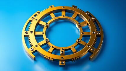 Naklejka premium Golden mechanical components forming circular pattern on gradient blue backdrop.